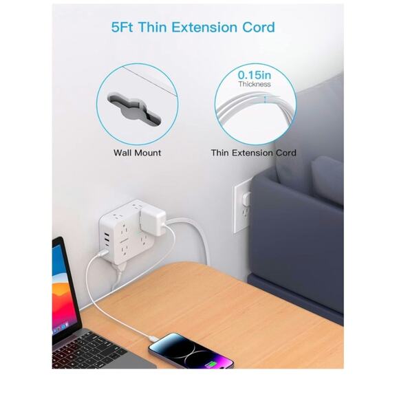 Surge Protector Extension Cord 5 Ft Ultra Thin Flat Plug 8 Outlet 4 USB Ports S1 - Picture 6 of 8